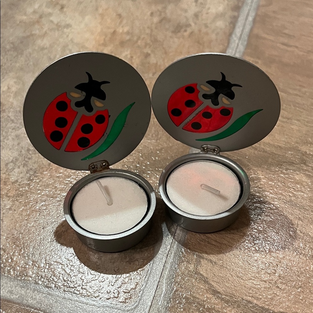 2 Ladybug Tea Light Candle Holders & candles
